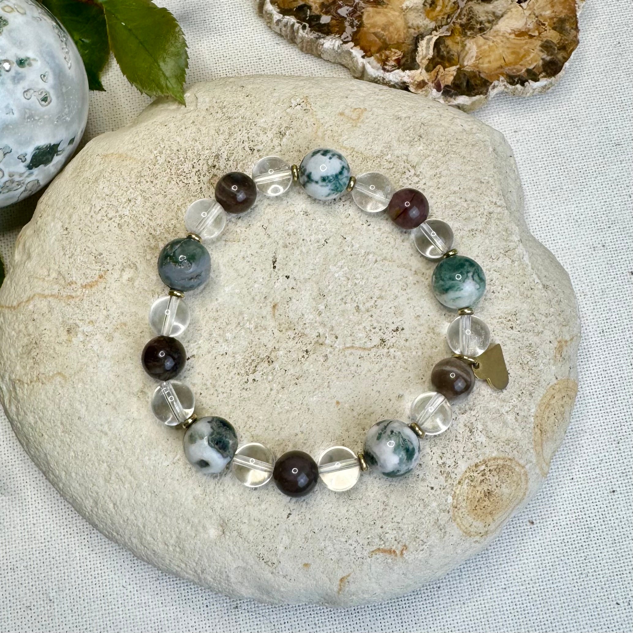 BRACELET BROCÉLIANDE - Agate Arbre - Bois Fossile - Cristal de Roche
