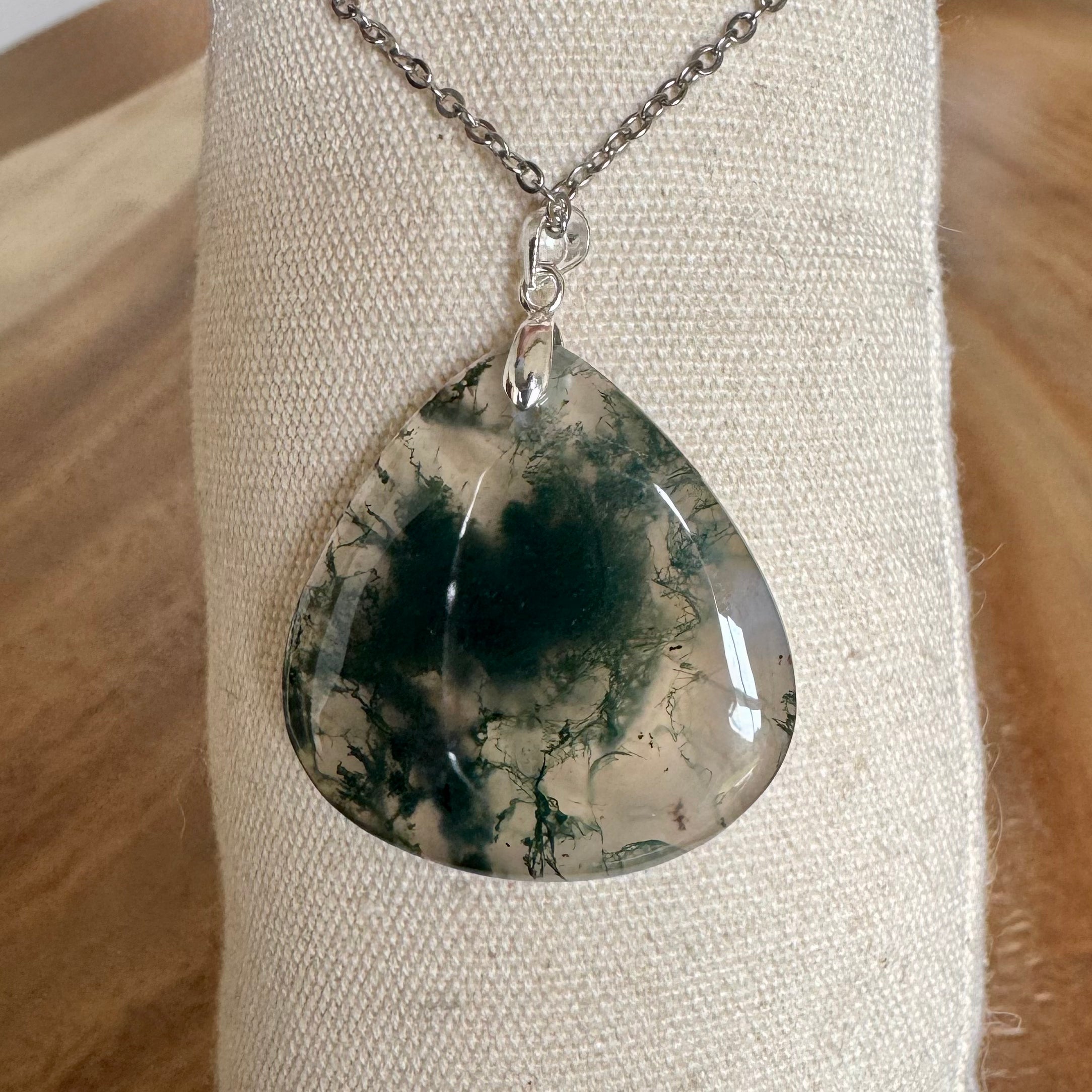 PENDENTIF AGATE MOUSSE - Bélière argent925 - Chaine acier inoxydable ou cordon cuir