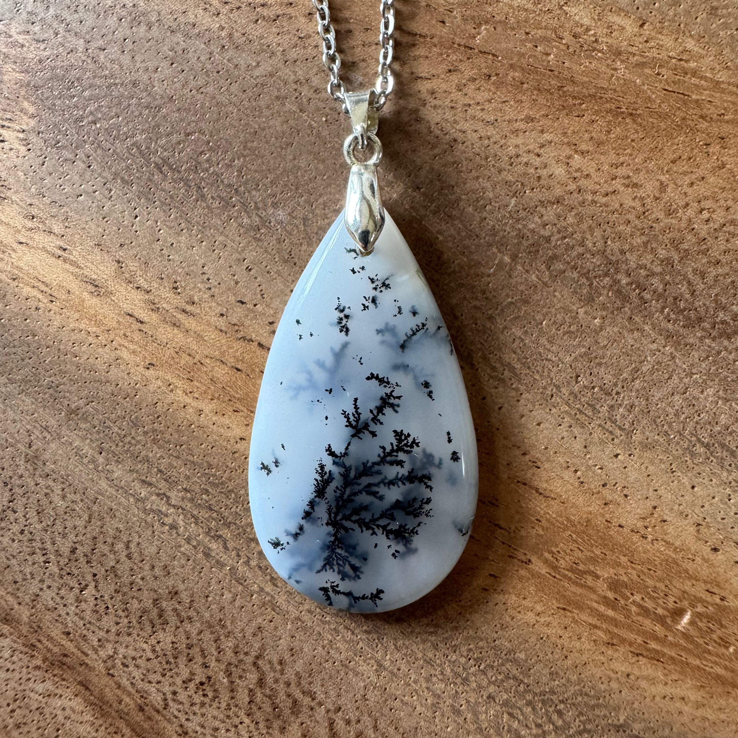 PENDENTIF AGATE DENDRITIQUE - Bélière argent925 - Chaine acier inoxydable ou cordon cuir