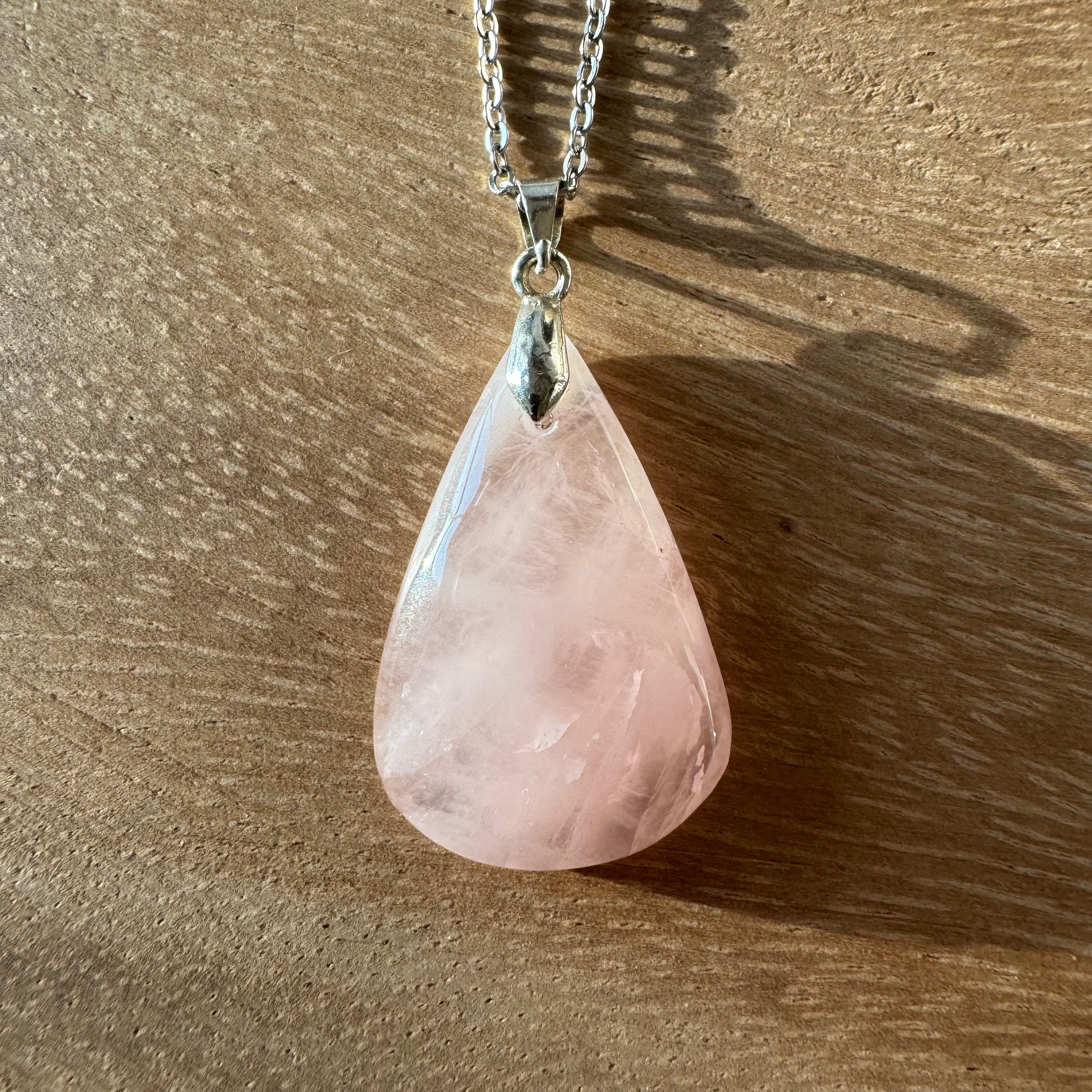 PENDENTIF QUARTZ ROSE - Bélière  argent 925 - Chaine acier inoxydable ou cordon