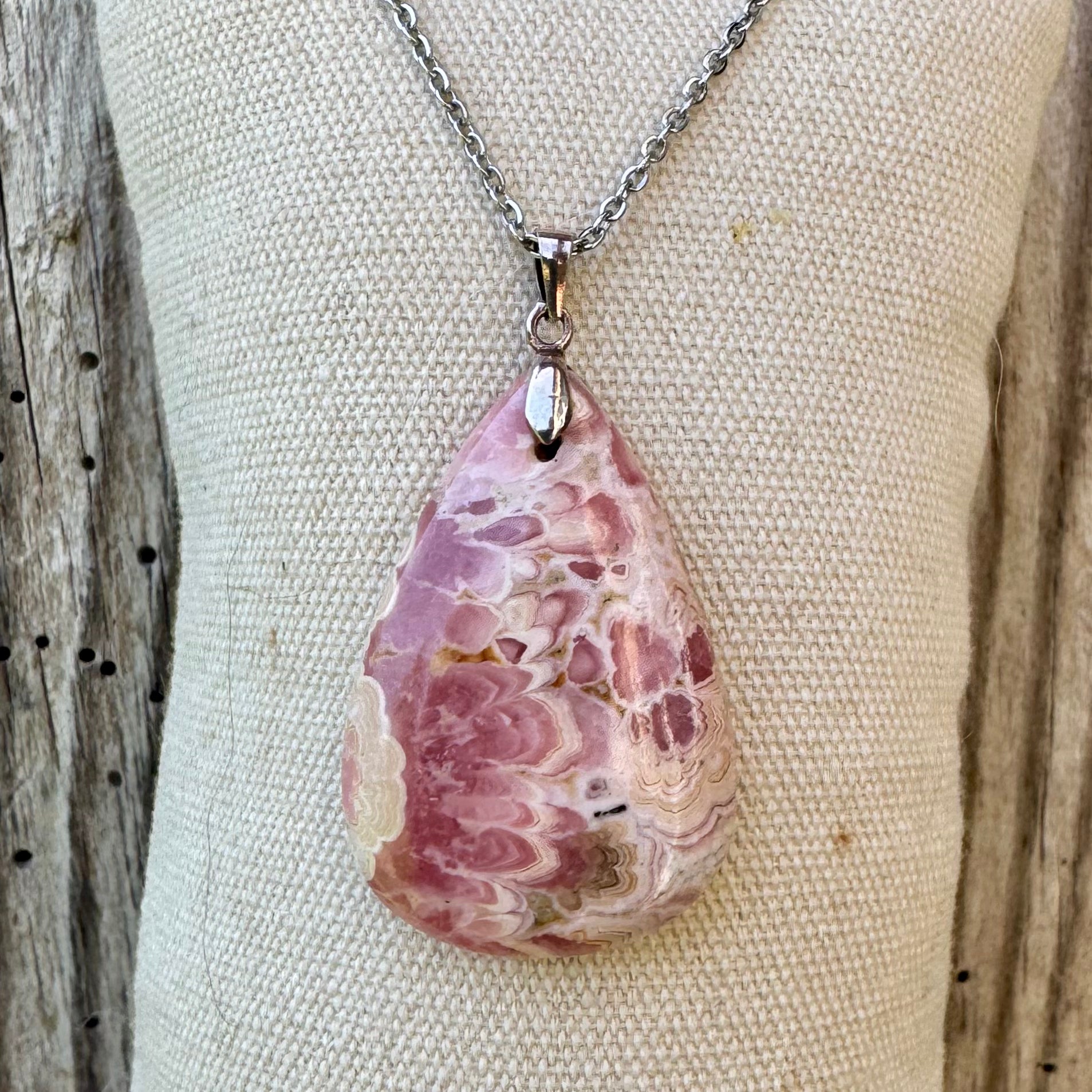 PENDENTIF RHODOCHROSITE - Argentine - Bélière argent 925 - Chaine acier inoxydable ou cordon cuir