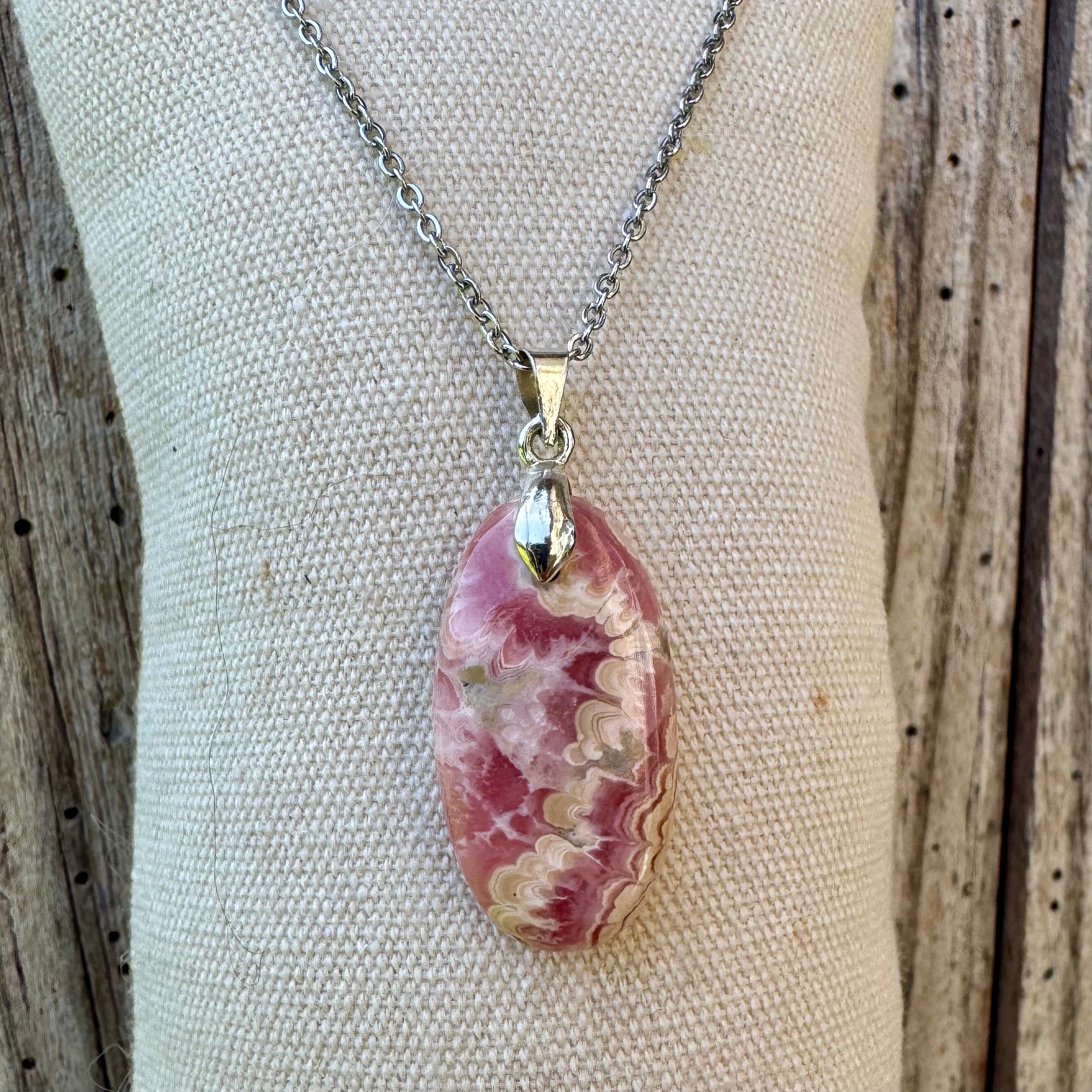 PENDENTIF RHODOCHROSITE - Argentine - Bélière argent 925 - Chaine acier inoxydable ou cordon cuir