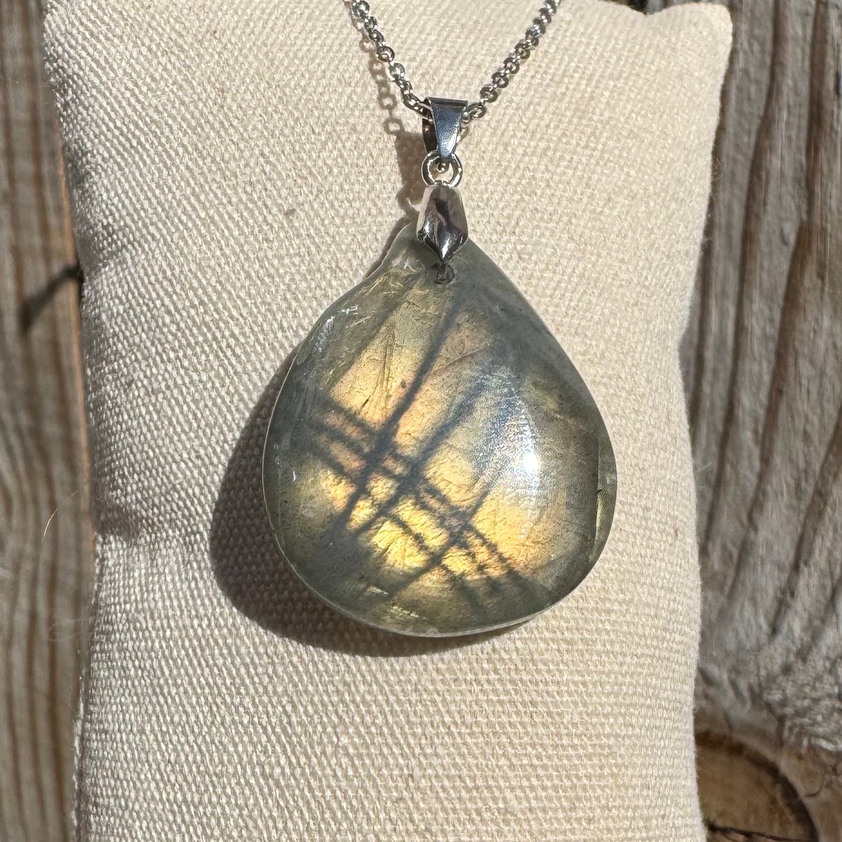PENDENTIF LABRADORITE - Madagascar - Bélière argent925 - Chaine acier inoxydable ou cordon cuir