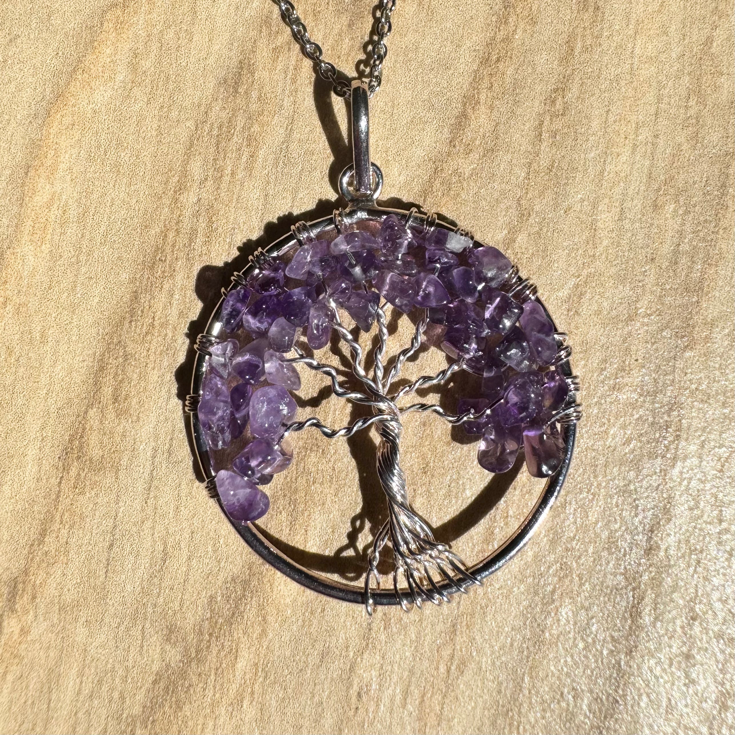 PENDENTIF ARBRE DE VIE - AMÉTHYSTE  - Acier Inoxydable - Chaine acier inoxydable