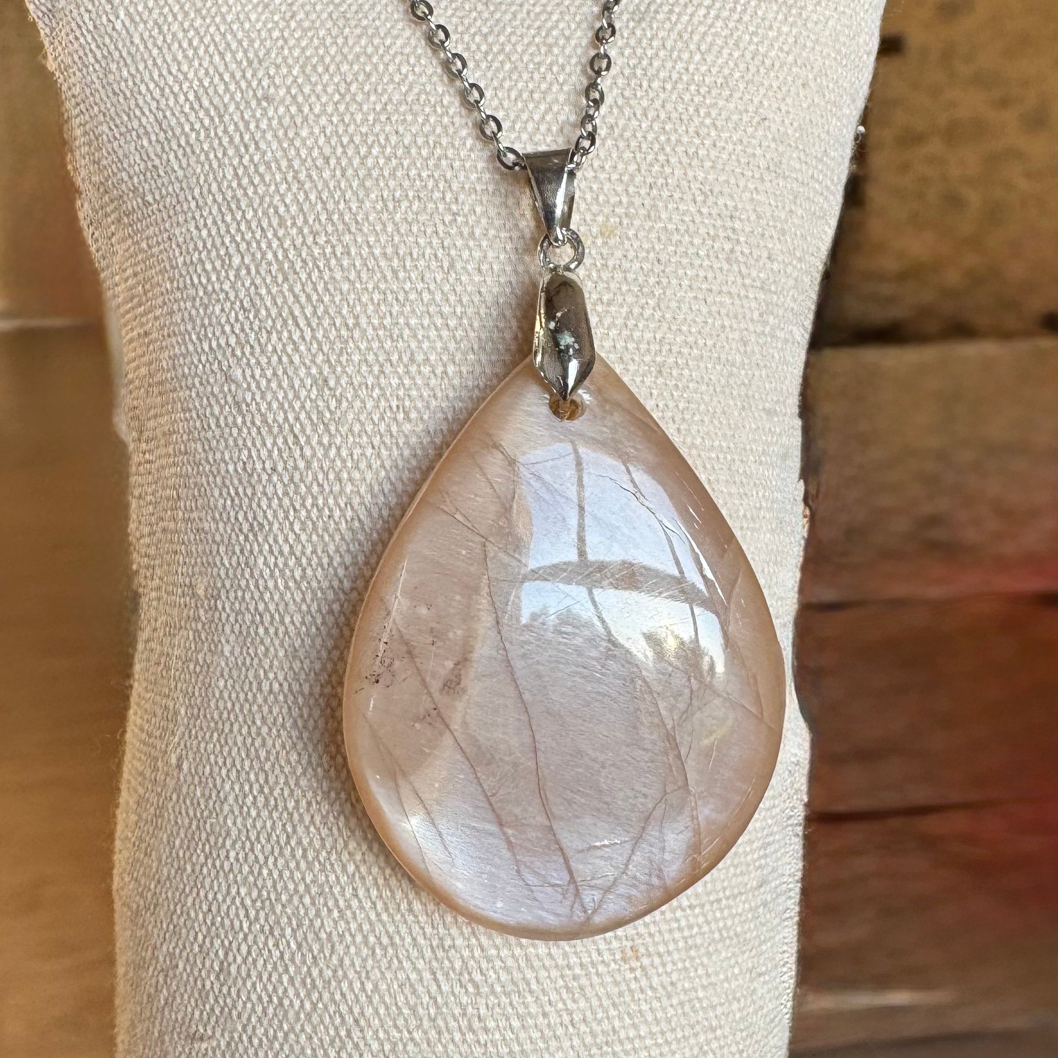 PENDENTIF PIERRE DE LUNE - Bélière argent925 - Chaine acier inoxydable ou cordon cuir