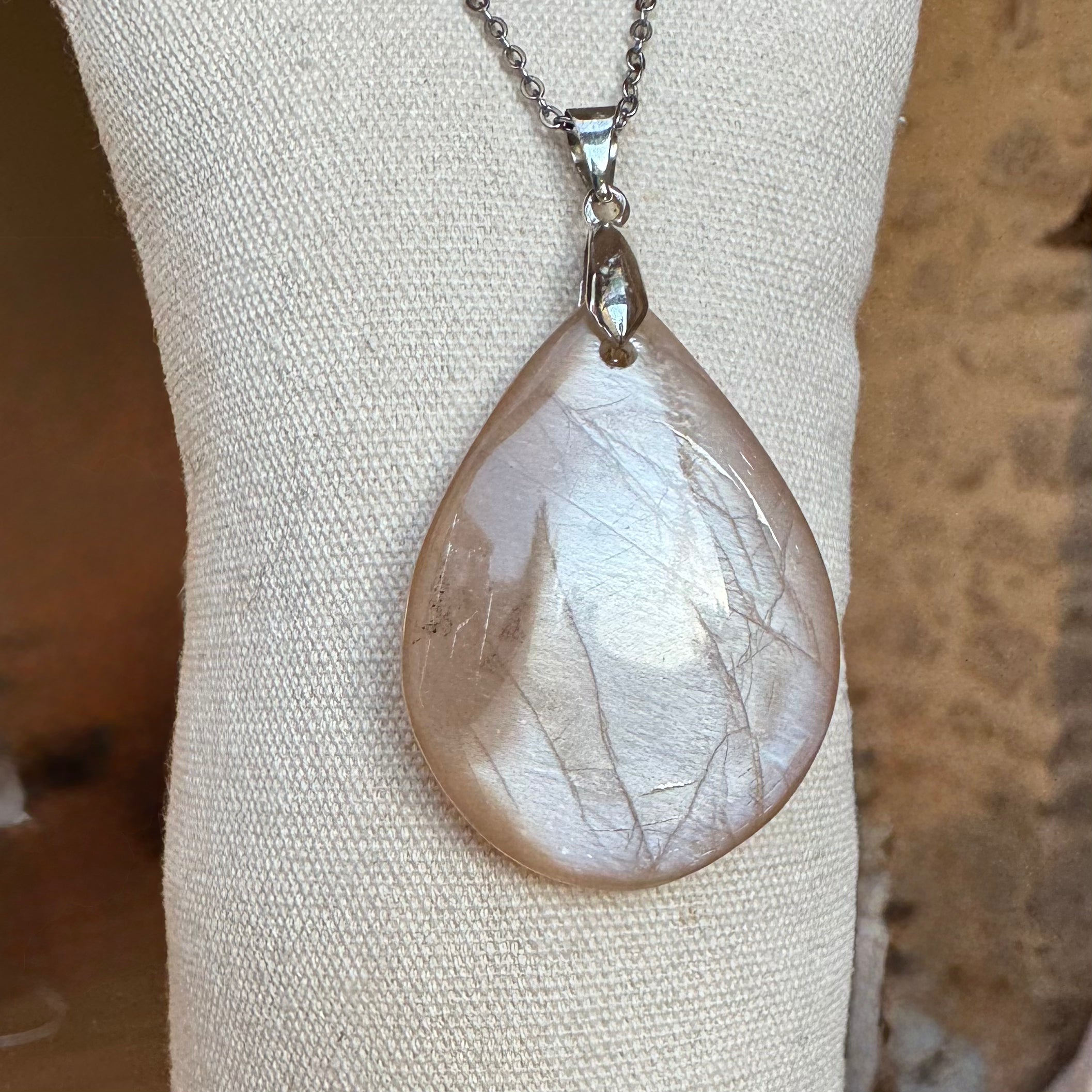 PENDENTIF PIERRE DE LUNE - Bélière argent925 - Chaine acier inoxydable ou cordon cuir