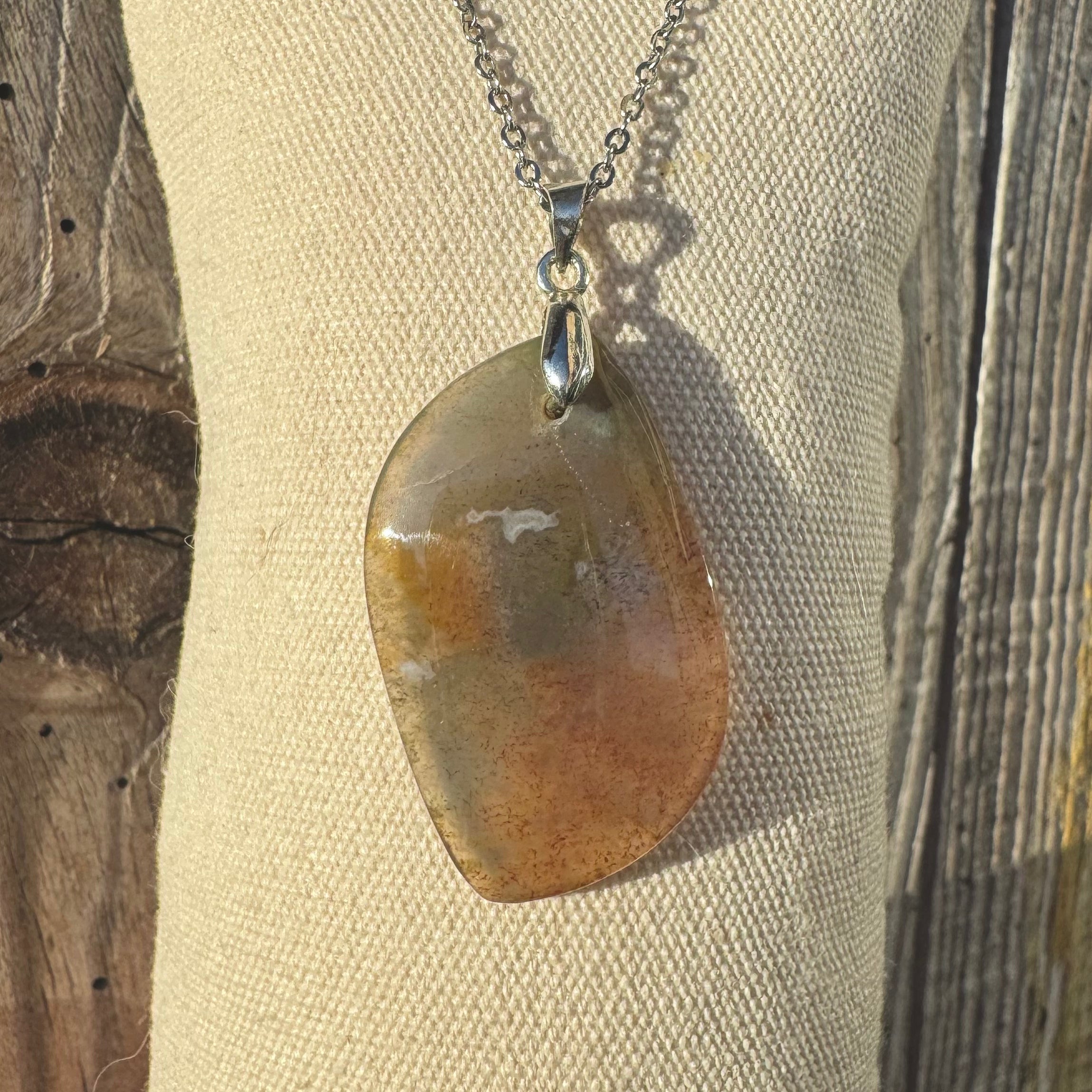 PENDENTIF AGATE MOUSSE - Bélière argent925 - Chaine acier inoxydable ou cordon cuir