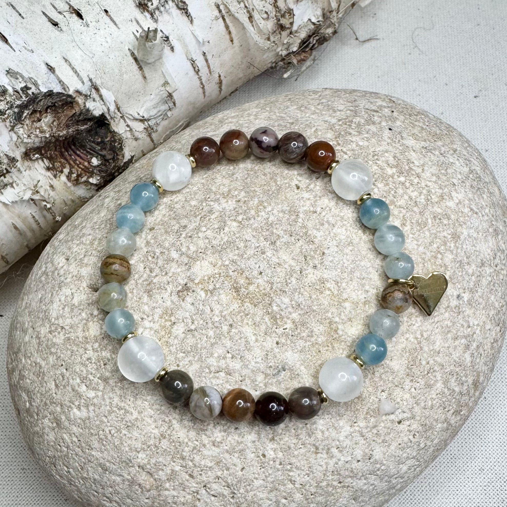 Bracelet  NARNIA - Bois fossile - Calcite Bleue - Sélénite