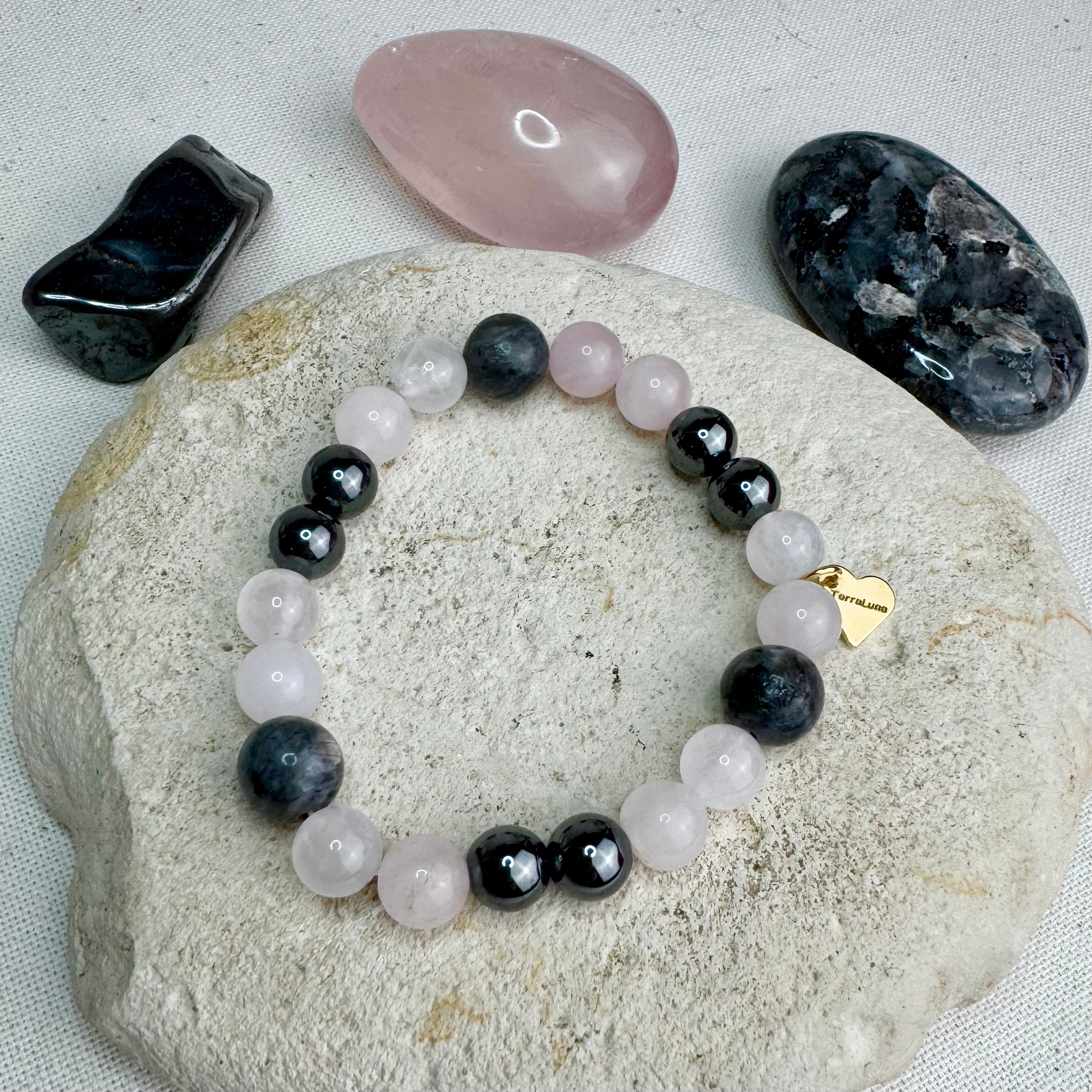 BRACELET MAÂT - Quartz rose - Larvikite - Hématite