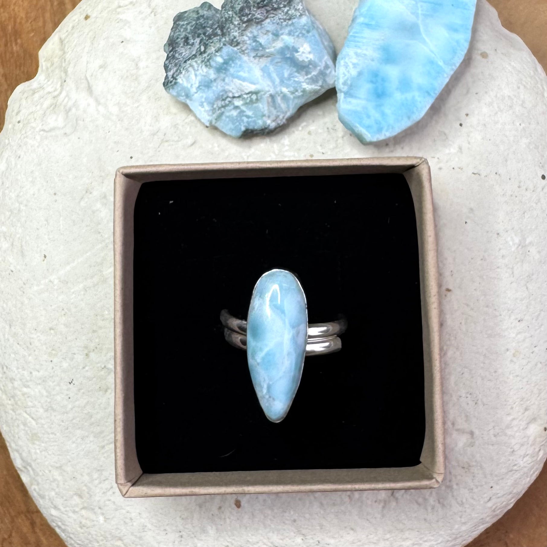 BAGUE LARIMAR - Monture Argent réglable - République Dominicaine