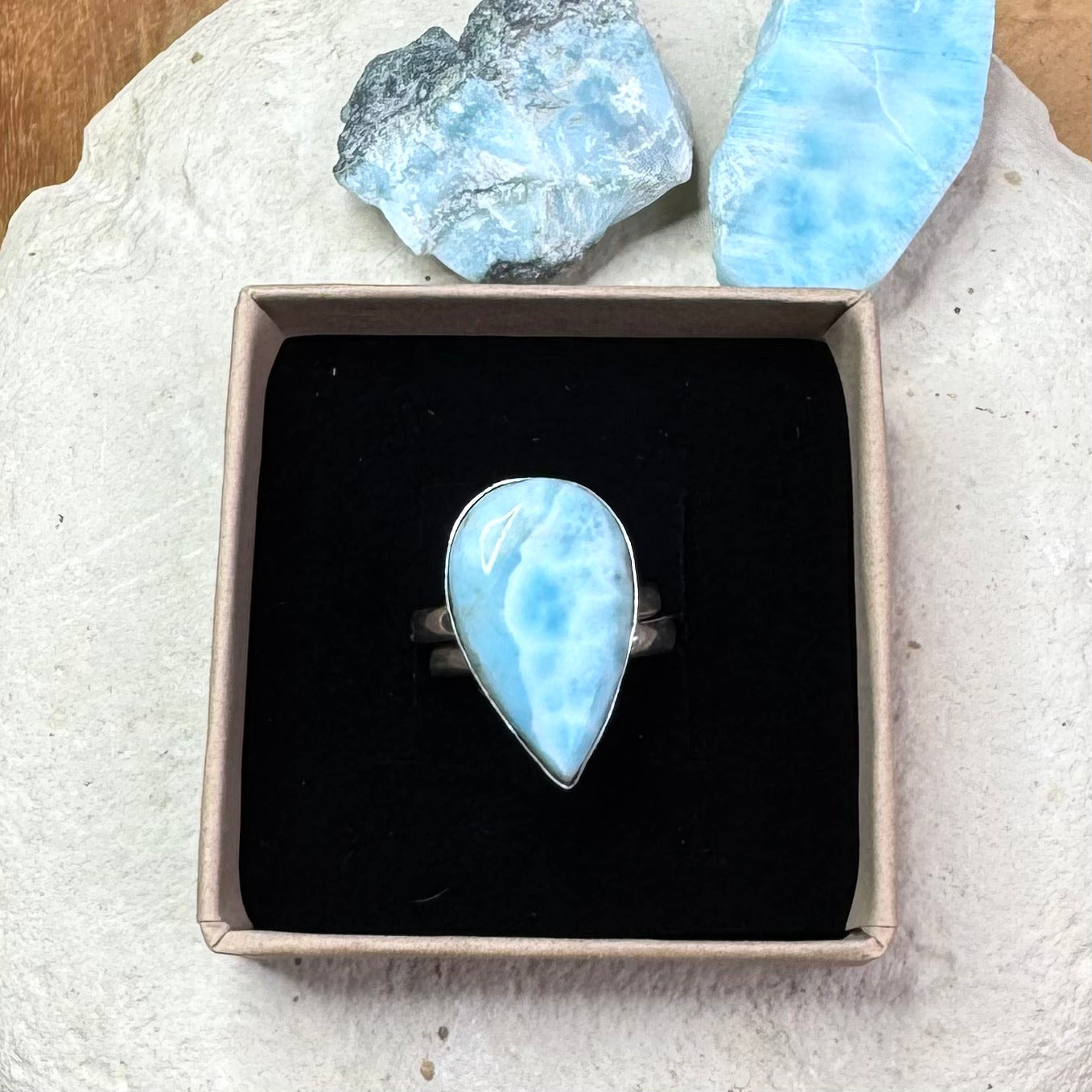 BAGUE LARIMAR - Monture Argent réglable - République Dominicaine