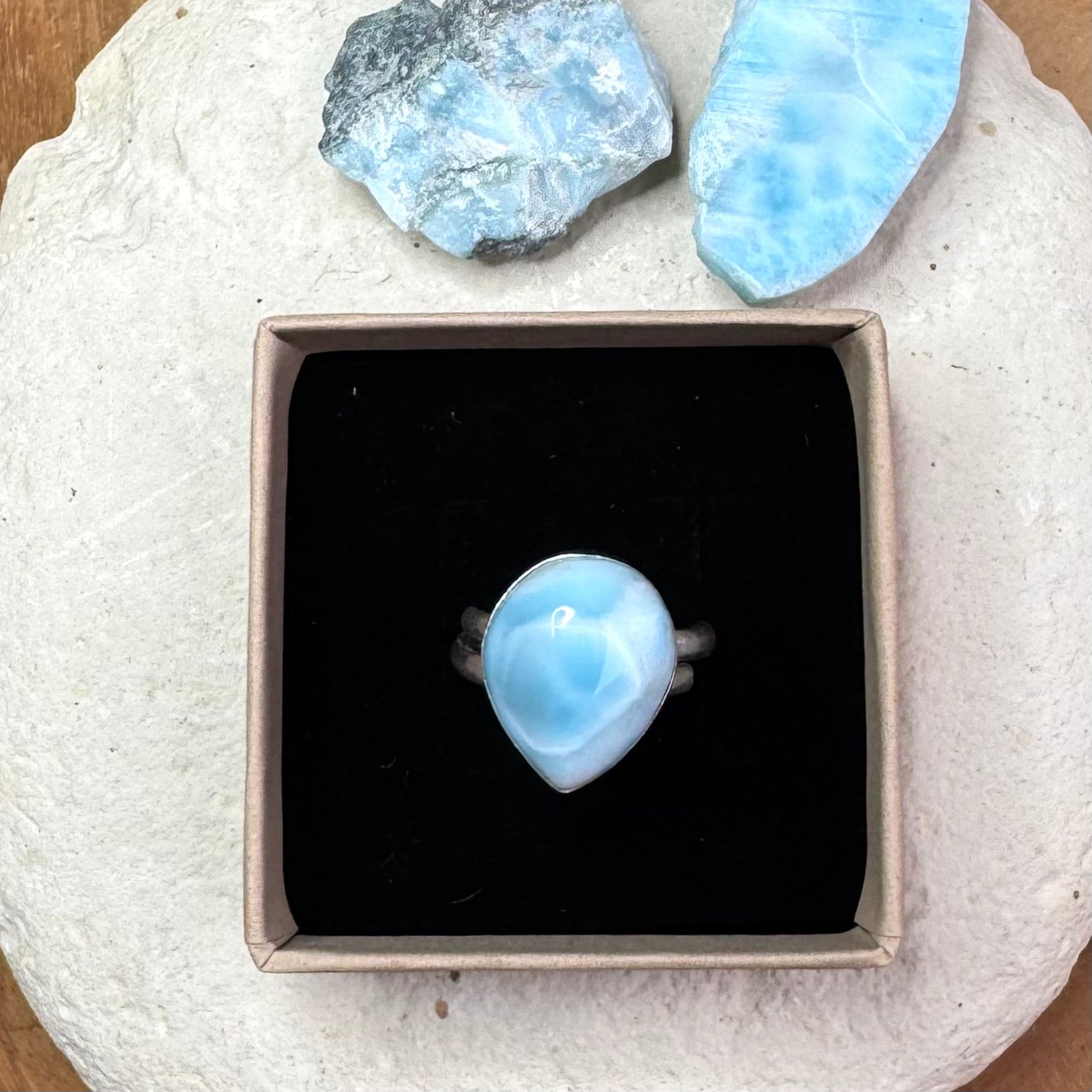BAGUE LARIMAR - Monture Argent réglable - République Dominicaine