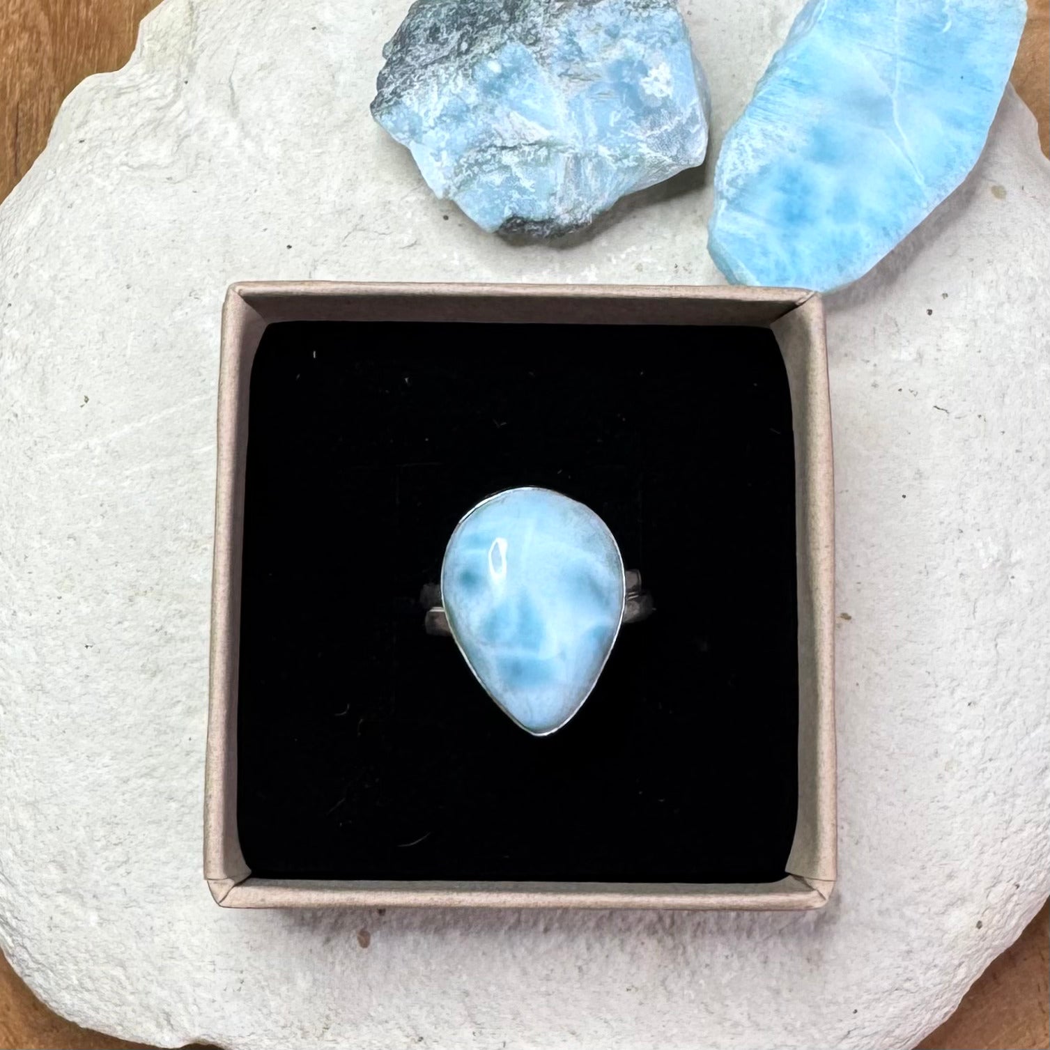 BAGUE LARIMAR - Monture Argent réglable - République Dominicaine