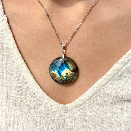 PENDENTIF LABRADORITE - Madagascar - Bélière argent925 - Chaine acier inoxydable ou cordon cuir