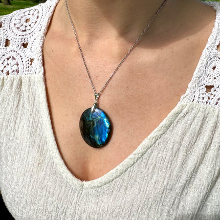 PENDENTIF LABRADORITE - Madagascar - Bélière argent925 - Chaine acier inoxydable ou cordon cuir