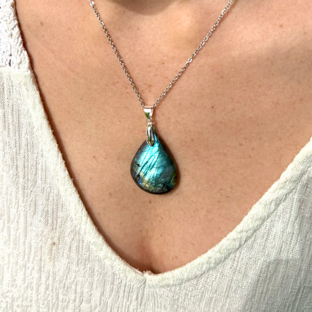PENDENTIF LABRADORITE - Madagascar - Bélière argent925 - Chaine acier inoxydable ou cordon cuir