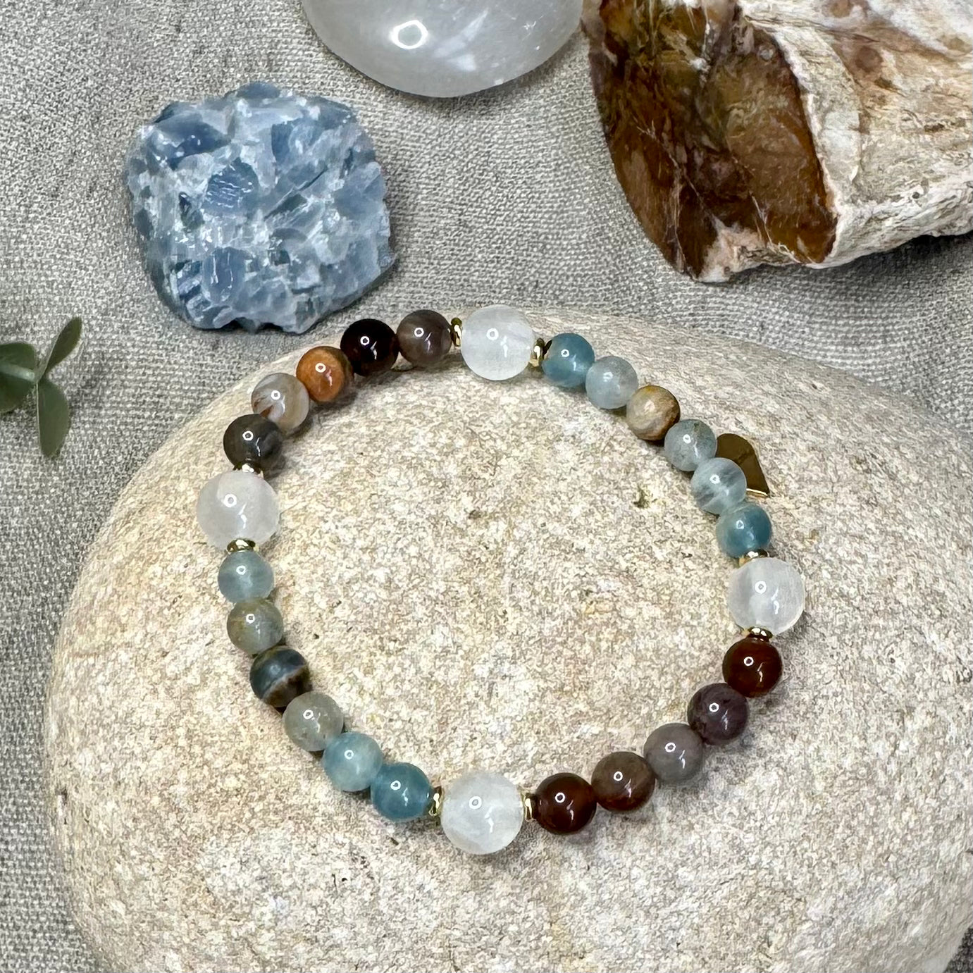 Bracelet  NARNIA - Bois fossile - Calcite Bleue - Sélénite
