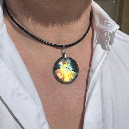 PENDENTIF LABRADORITE - Madagascar - Bélière argent925 - Cordon cuir ou Chaine acier inoxydable