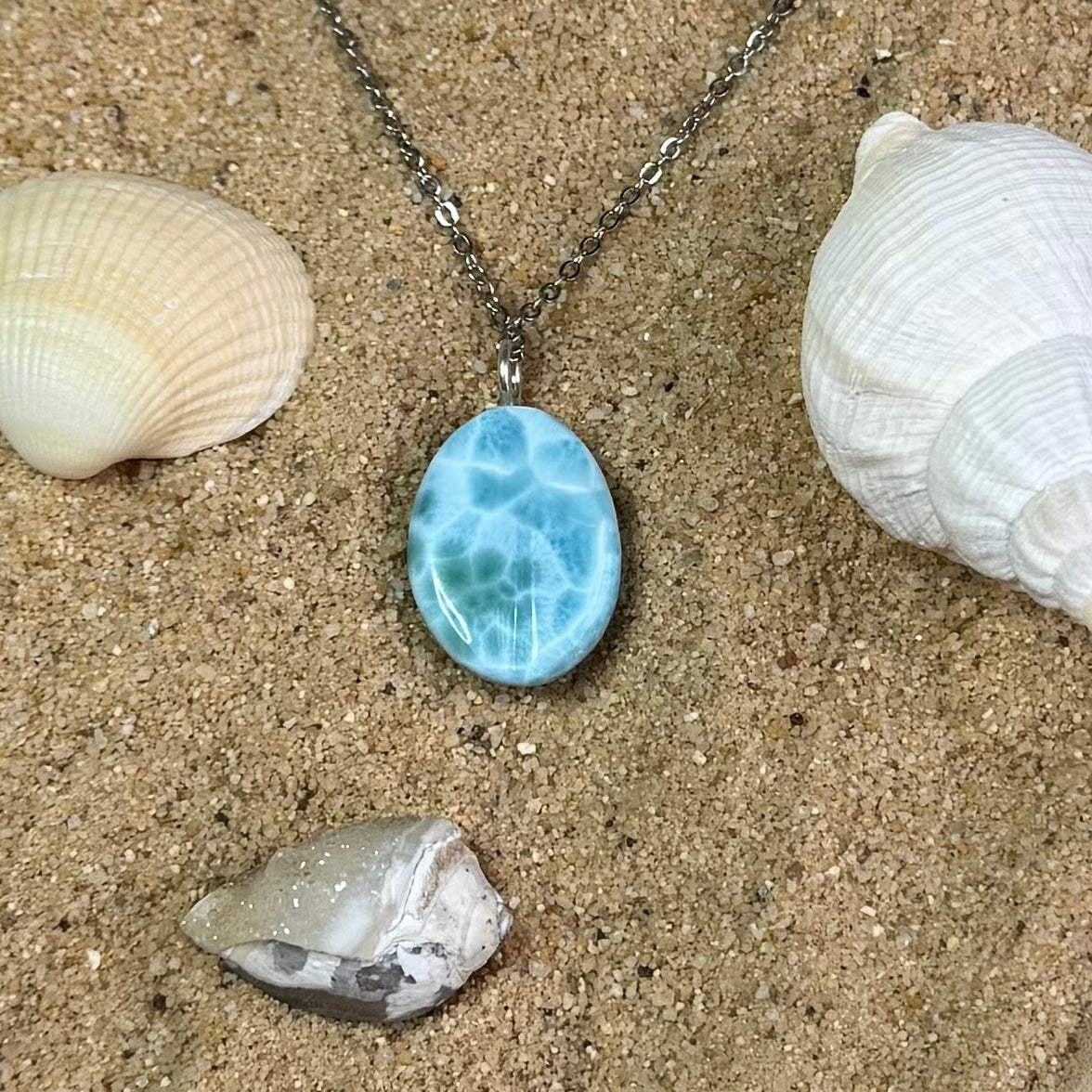 PENDENTIF LARIMAR - AAA - République Dominicaine - Grain de café - chaîne acier inoxydable