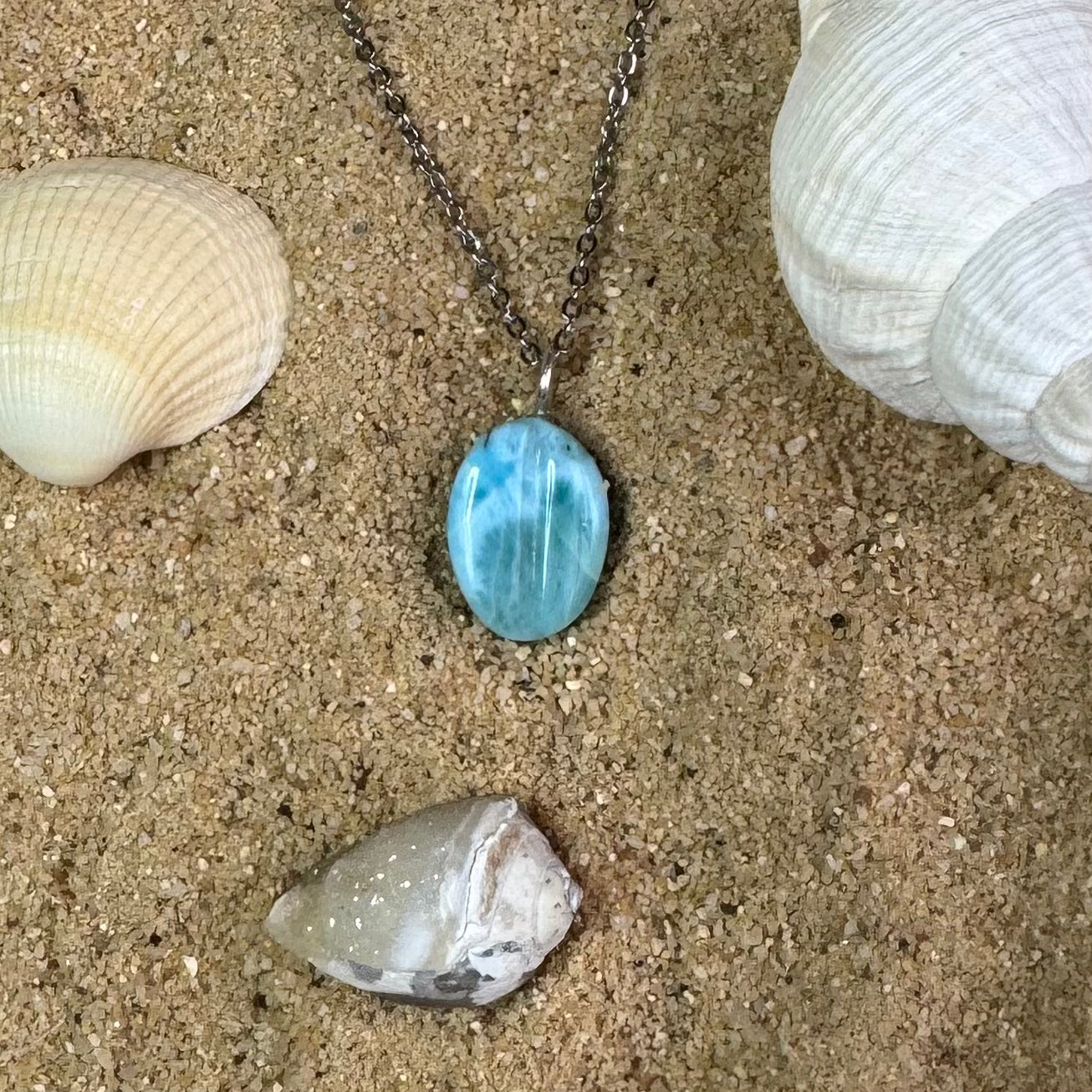 PENDENTIF LARIMAR - AAA - République Dominicaine - Grain de café - chaîne acier inoxydable