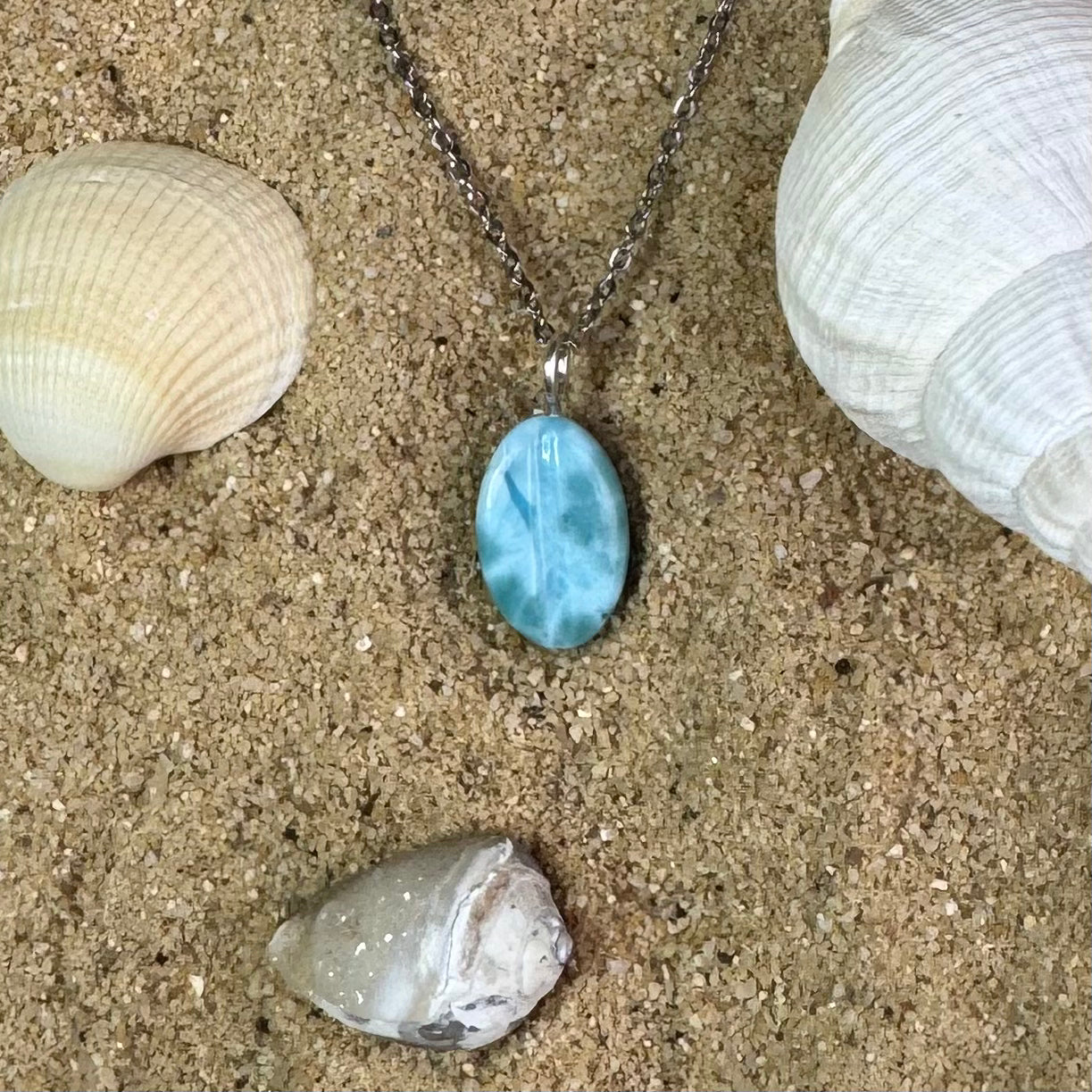 PENDENTIF LARIMAR - AAA - République Dominicaine - Grain de café - chaîne acier inoxydable